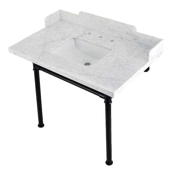 Kingston Brass 36 Carrara Marble Console Sink with Stainless Steel Legs, Marble WhiteMatte Black LMS3622M8SQ0ST - main